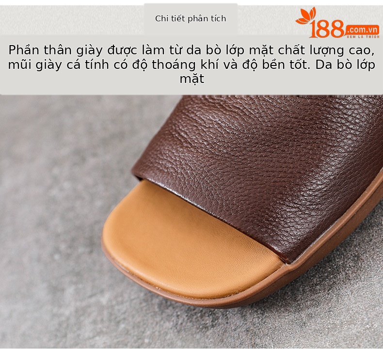 Giày lười nữ mũi vuông da bò đế bằng quai Velcro — Màu nâu chi tiết 4