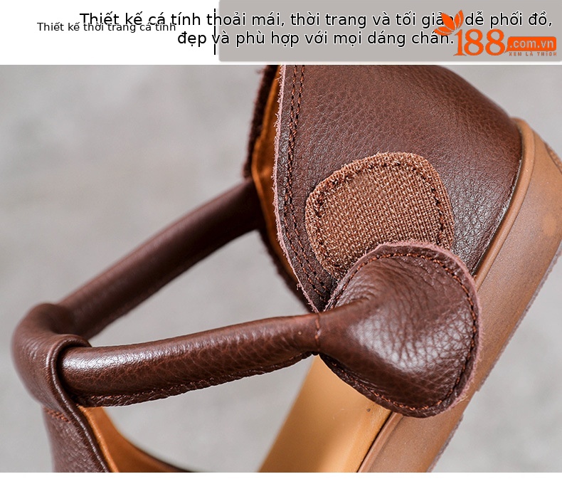 Giày lười nữ mũi vuông da bò đế bằng quai Velcro — Màu nâu chi tiết 5