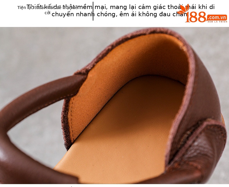 Giày lười nữ mũi vuông da bò đế bằng quai Velcro — Màu nâu chi tiết 6