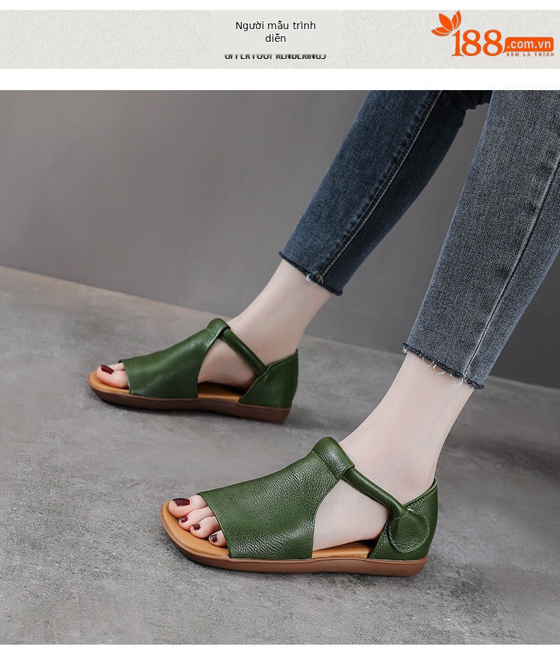 Giày lười nữ mũi vuông da bò đế bằng quai Velcro — Màu nâu chi tiết 9