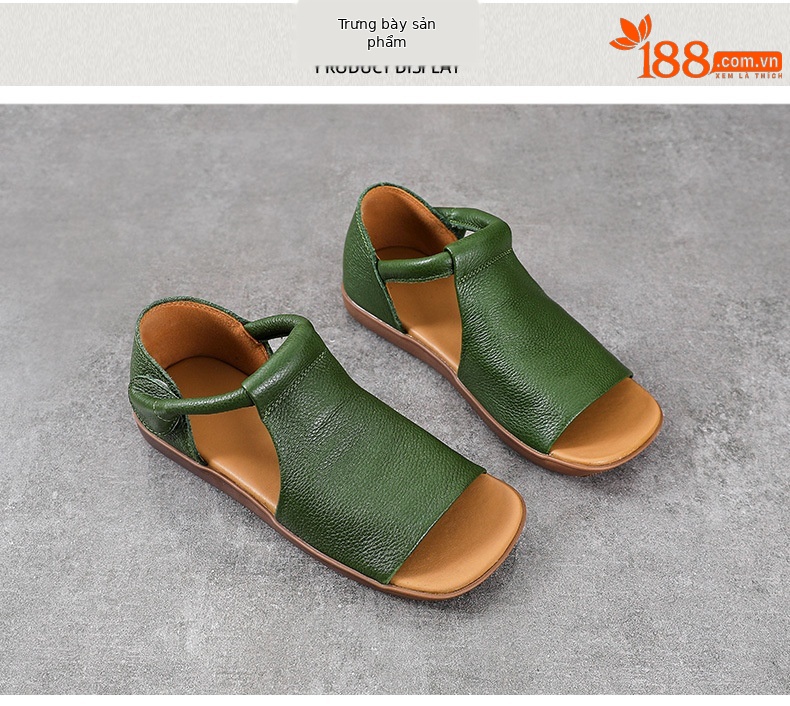 Giày lười nữ mũi vuông da bò đế bằng quai Velcro — Màu nâu chi tiết 10