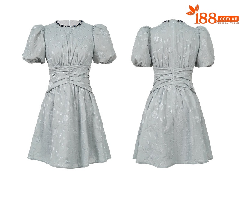 Váy chữ A retro cổ tròn tay bồng eo thon dáng xòe — Màu xám chi tiết 3