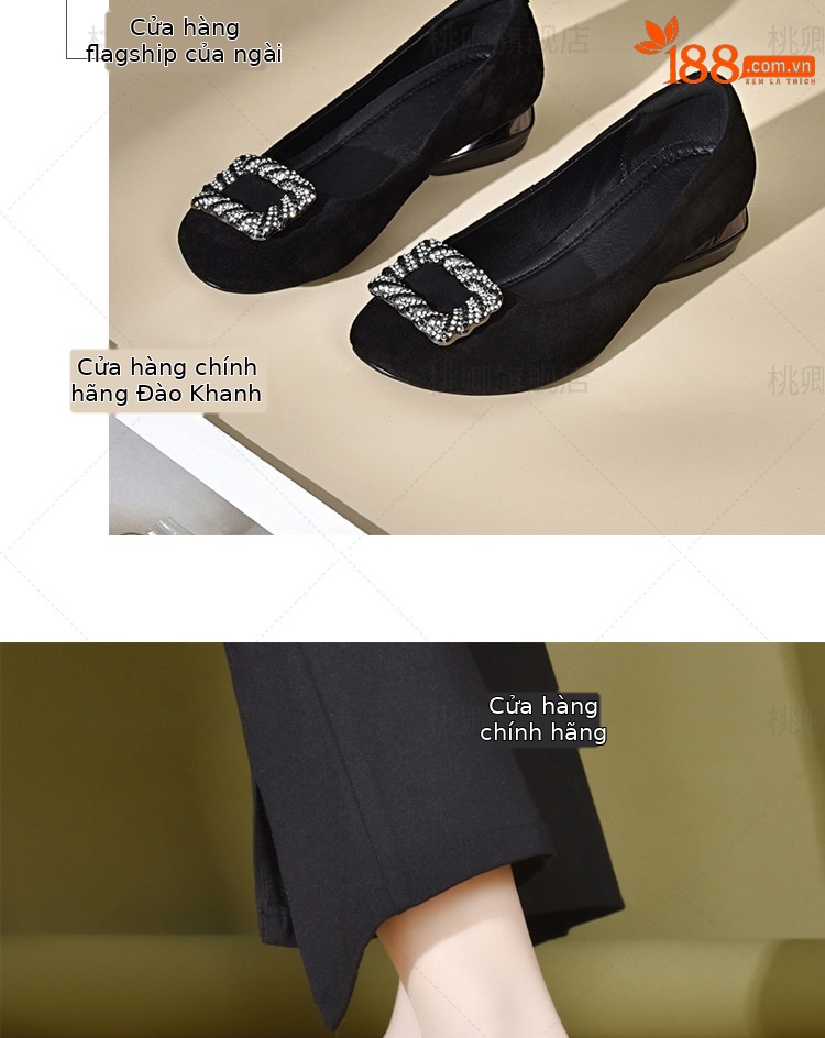 Giày lười nữ miệng nông da lộn đế mềm, giày bệt công sở form mũi vuông — Màu đen chi tiết 18
