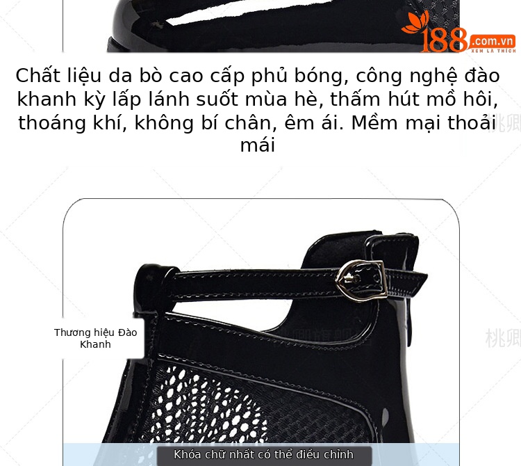 Giày sandal nữ mũi kín da bóng gót 3 cm kiểu La Mã thoáng khí — Gót đen cao 3 cm chi tiết 9