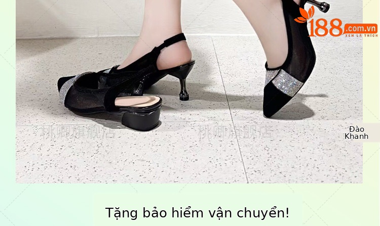 Giày sandal cao gót nữ mũi nhọn lưới đính đá gót 5 cm — Chiều cao gót 5 cm gót nhọn chi tiết 2