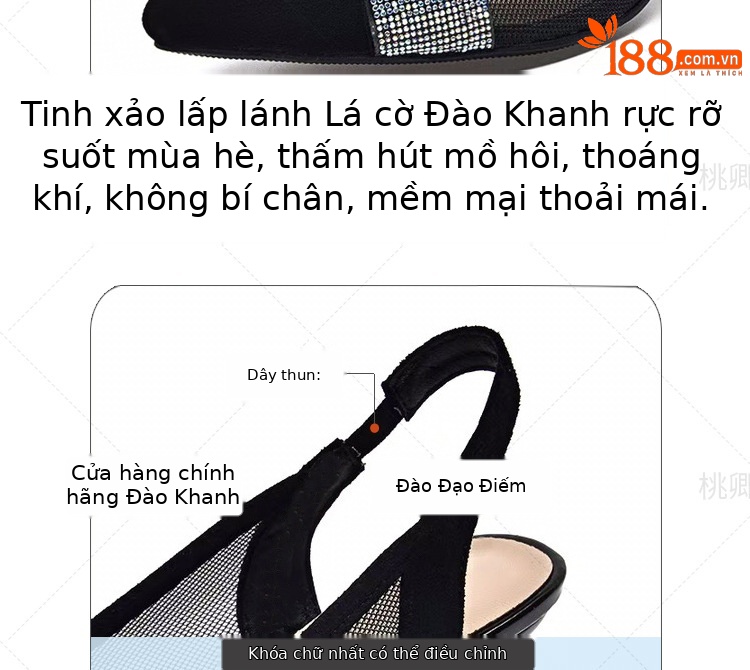 Giày sandal cao gót nữ mũi nhọn lưới đính đá gót 5 cm — Chiều cao gót 5 cm gót nhọn chi tiết 9