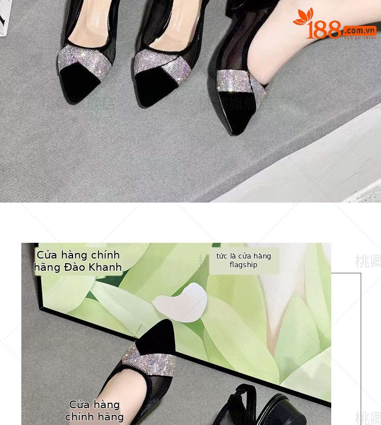 Giày sandal cao gót nữ mũi nhọn lưới đính đá gót 5 cm — Chiều cao gót 5 cm gót nhọn chi tiết 12