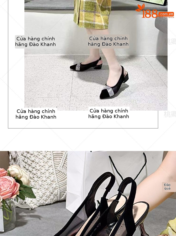Giày sandal cao gót nữ mũi nhọn lưới đính đá gót 5 cm — Chiều cao gót 5 cm gót nhọn chi tiết 15