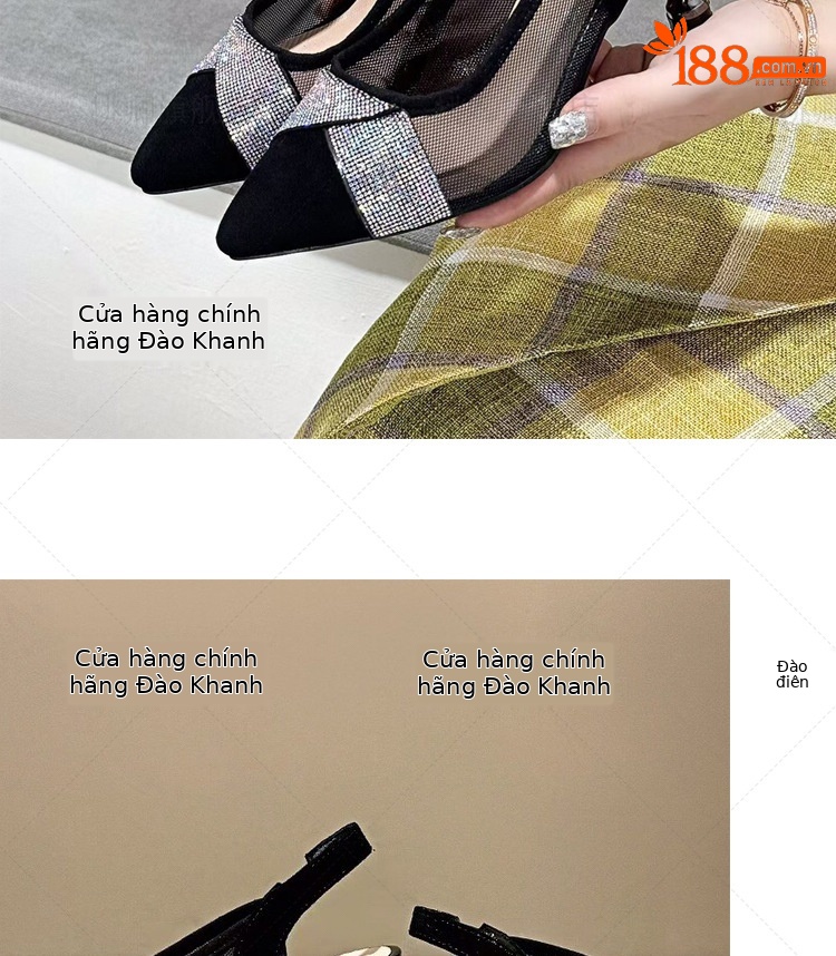 Giày sandal cao gót nữ mũi nhọn lưới đính đá gót 5 cm — Chiều cao gót 5 cm gót nhọn chi tiết 16