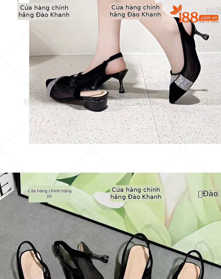 Giày sandal cao gót nữ mũi nhọn lưới đính đá gót 5 cm — Chiều cao gót 5 cm gót nhọn chi tiết 18
