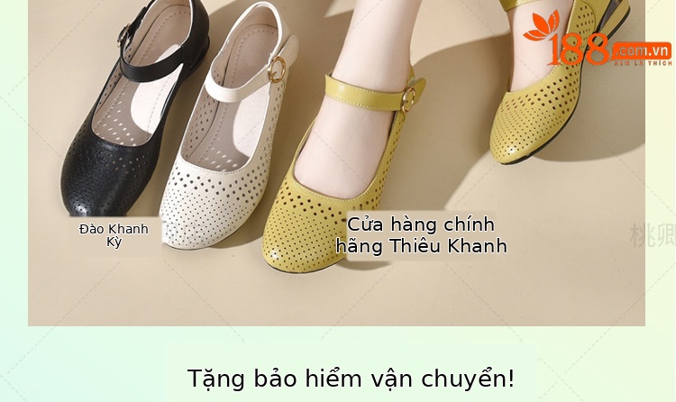 Giày sandal nữ đế xuồng mùa hè da thật thoáng khí mũi tròn bít mũi khoét lỗ — Màu đen chi tiết 2