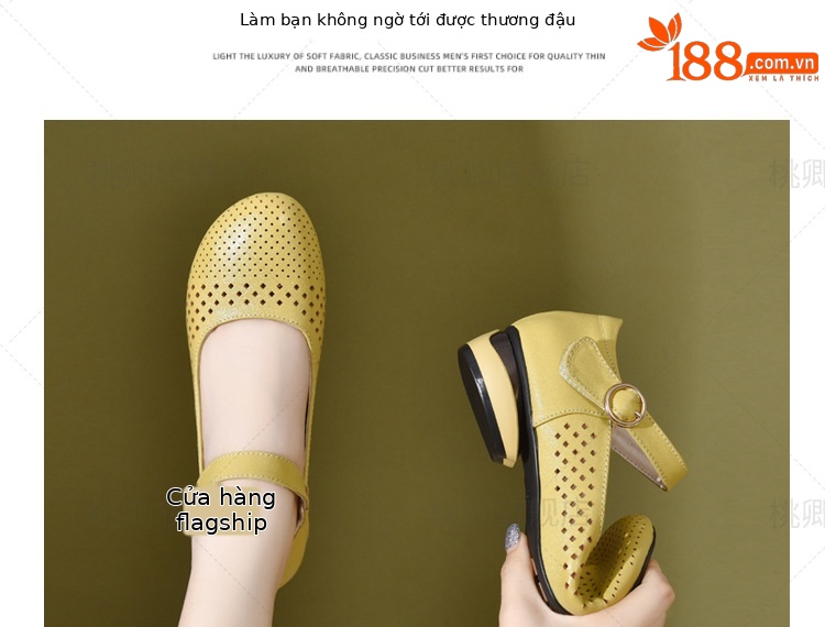 Giày sandal nữ đế xuồng mùa hè da thật thoáng khí mũi tròn bít mũi khoét lỗ — Màu đen chi tiết 5
