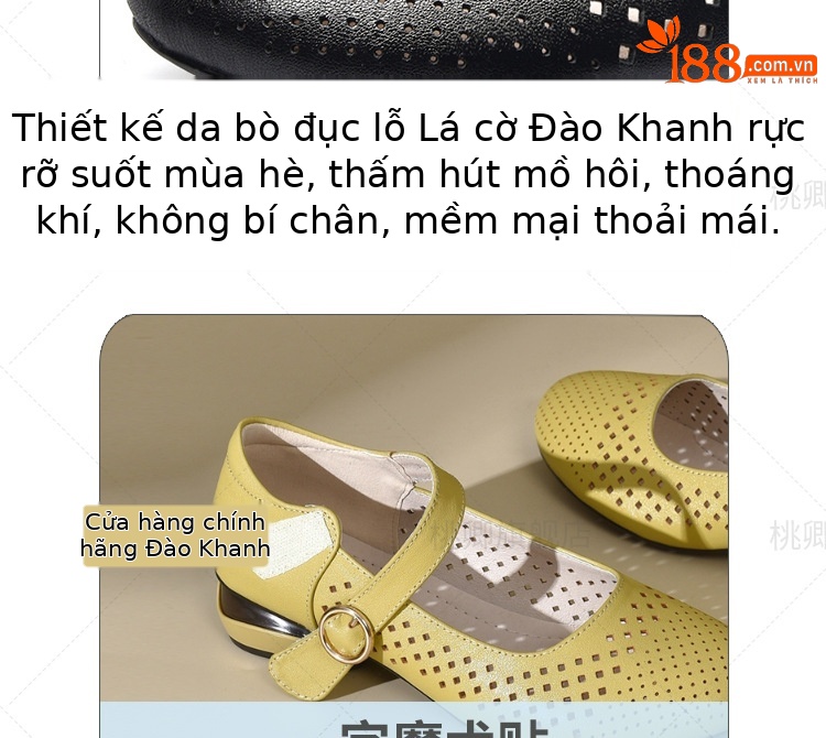 Giày sandal nữ đế xuồng mùa hè da thật thoáng khí mũi tròn bít mũi khoét lỗ — Màu đen chi tiết 9