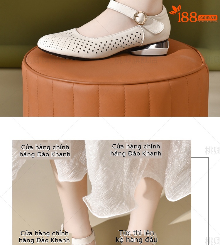 Giày sandal nữ đế xuồng mùa hè da thật thoáng khí mũi tròn bít mũi khoét lỗ — Màu đen chi tiết 12