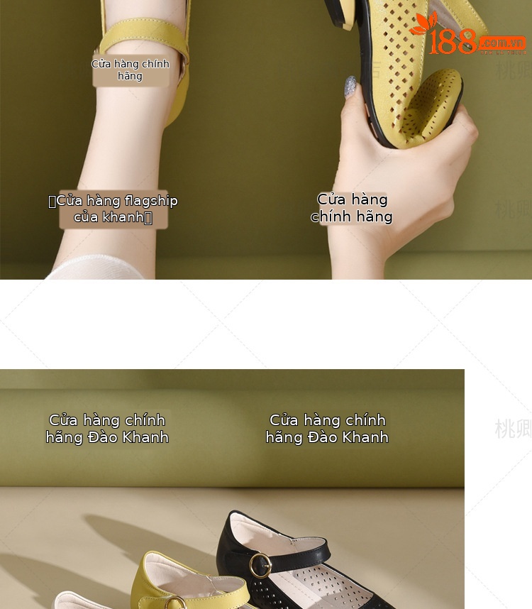 Giày sandal nữ đế xuồng mùa hè da thật thoáng khí mũi tròn bít mũi khoét lỗ — Màu đen chi tiết 16