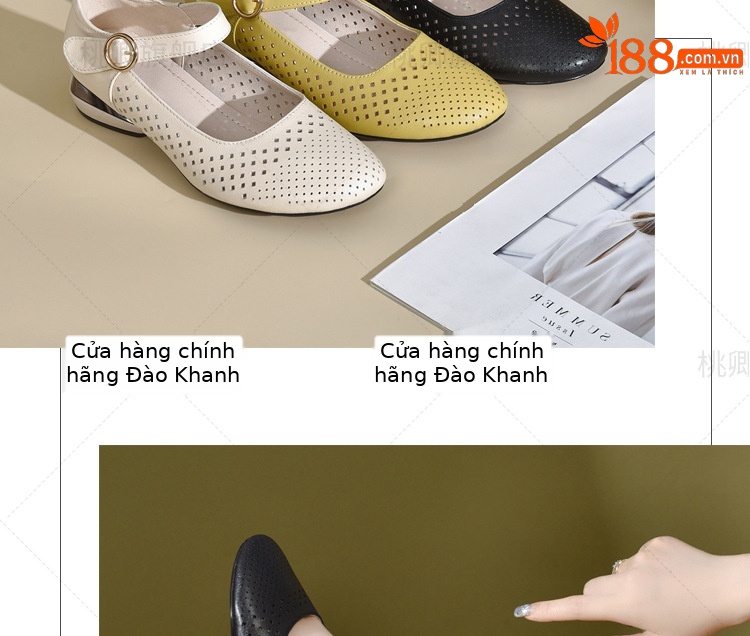 Giày sandal nữ đế xuồng mùa hè da thật thoáng khí mũi tròn bít mũi khoét lỗ — Màu đen chi tiết 17