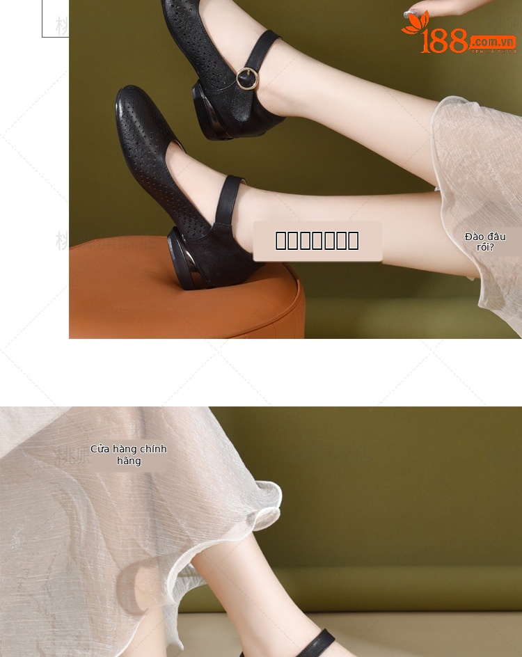 Giày sandal nữ đế xuồng mùa hè da thật thoáng khí mũi tròn bít mũi khoét lỗ — Màu đen chi tiết 18