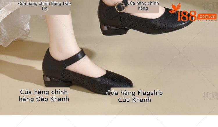 Giày sandal nữ đế xuồng mùa hè da thật thoáng khí mũi tròn bít mũi khoét lỗ — Màu đen chi tiết 19