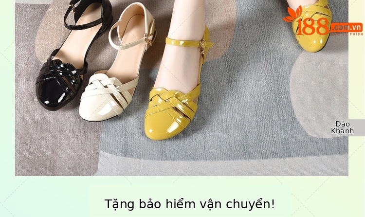 Dép sandal nữ da bóng khoét lỗ mũi tròn gót dày phối váy — Màu đen chi tiết 2