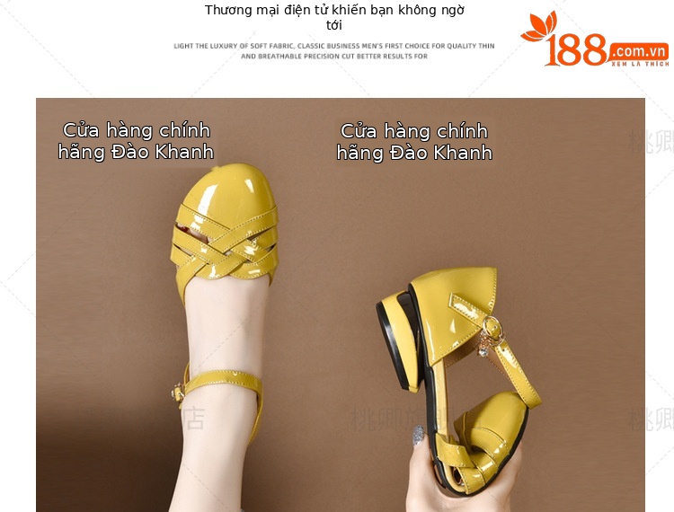 Dép sandal nữ da bóng khoét lỗ mũi tròn gót dày phối váy — Màu đen chi tiết 5