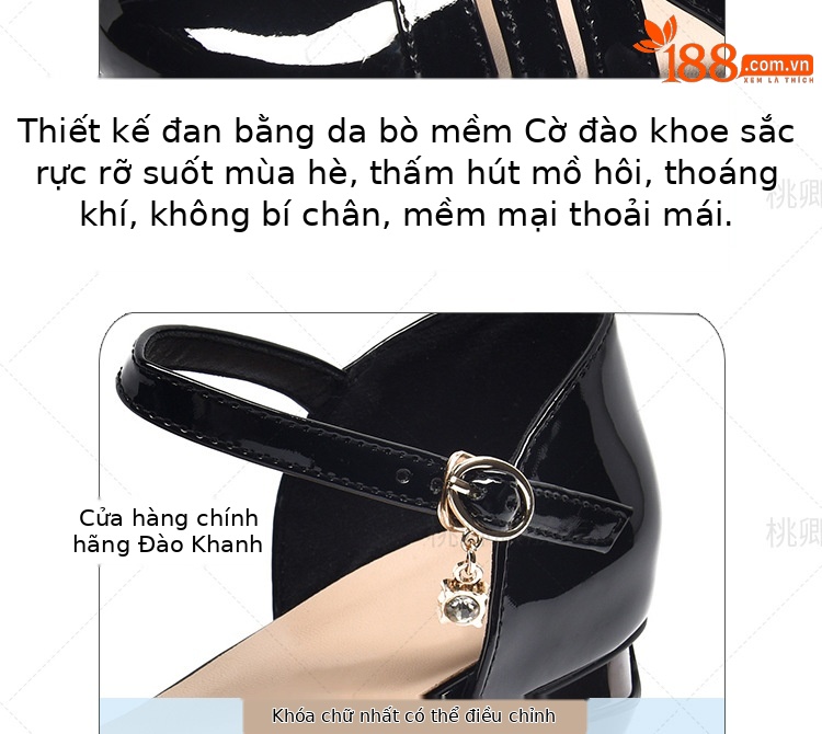 Dép sandal nữ da bóng khoét lỗ mũi tròn gót dày phối váy — Màu đen chi tiết 9