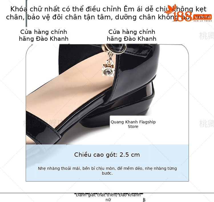 Dép sandal nữ da bóng khoét lỗ mũi tròn gót dày phối váy — Màu đen chi tiết 10