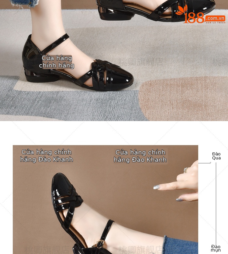 Dép sandal nữ da bóng khoét lỗ mũi tròn gót dày phối váy — Màu đen chi tiết 12