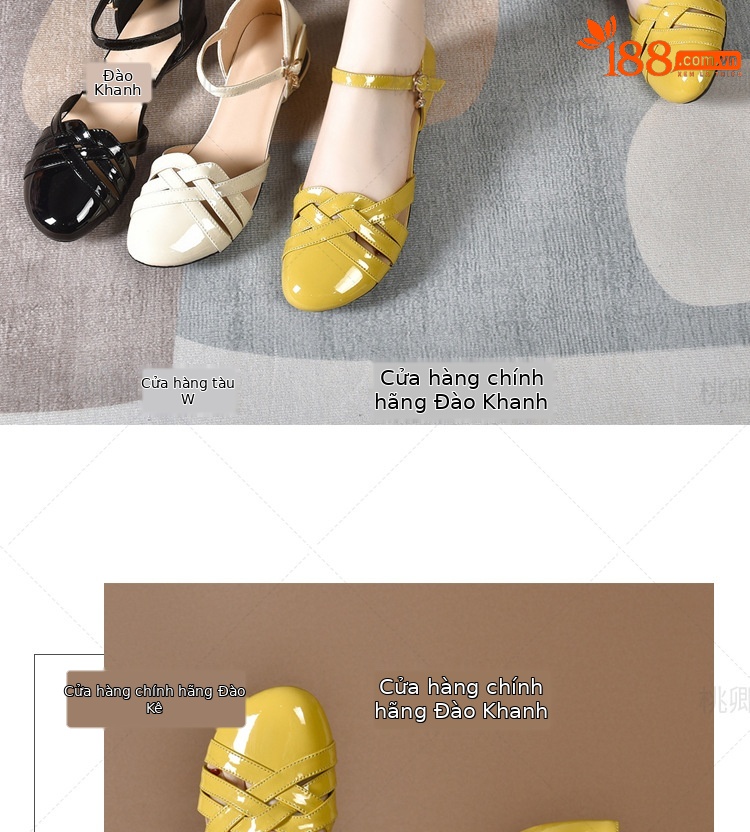 Dép sandal nữ da bóng khoét lỗ mũi tròn gót dày phối váy — Màu đen chi tiết 14