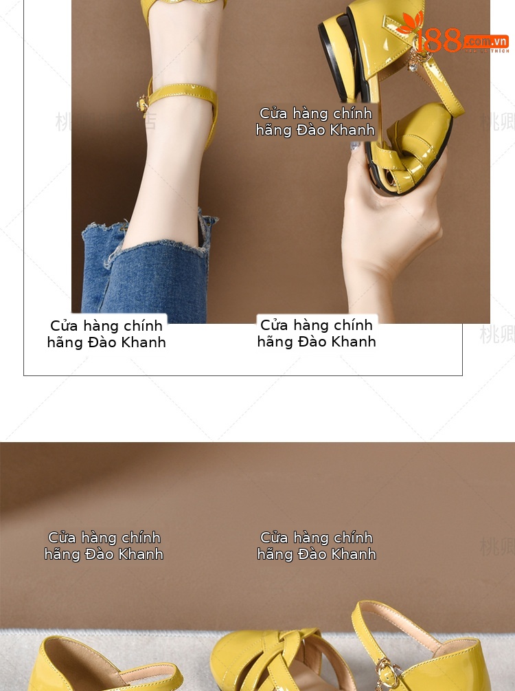 Dép sandal nữ da bóng khoét lỗ mũi tròn gót dày phối váy — Màu đen chi tiết 15