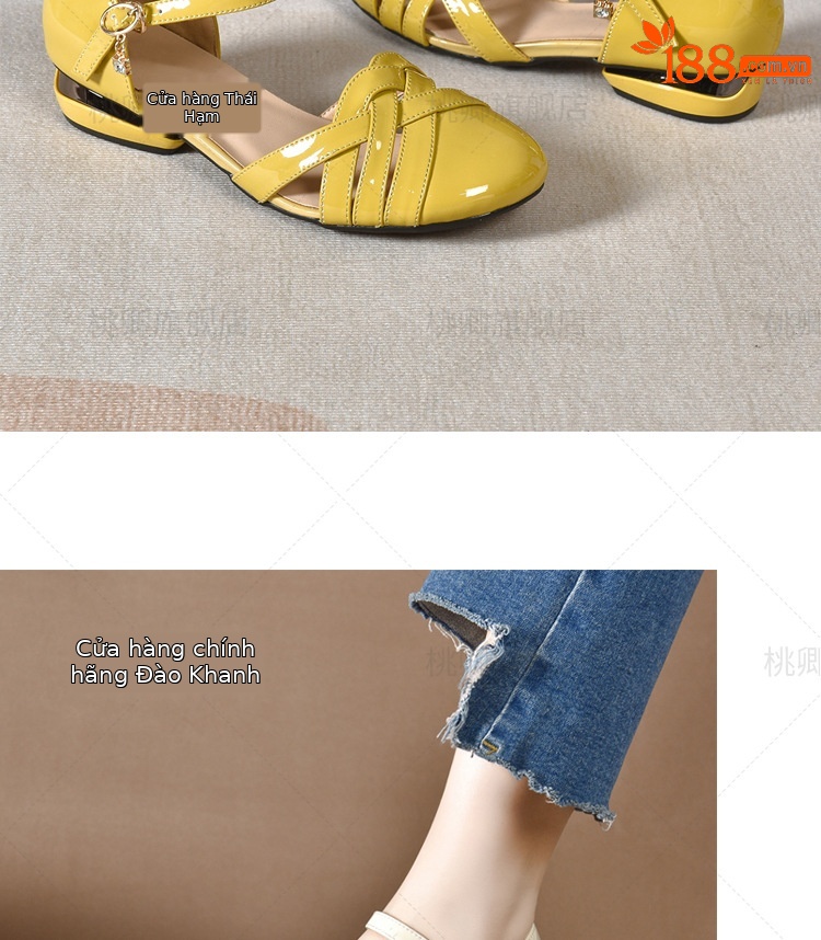 Dép sandal nữ da bóng khoét lỗ mũi tròn gót dày phối váy — Màu đen chi tiết 16