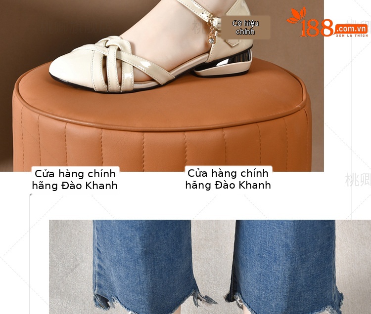 Dép sandal nữ da bóng khoét lỗ mũi tròn gót dày phối váy — Màu đen chi tiết 17