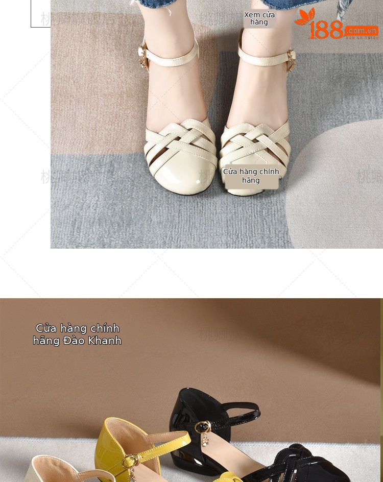 Dép sandal nữ da bóng khoét lỗ mũi tròn gót dày phối váy — Màu đen chi tiết 18