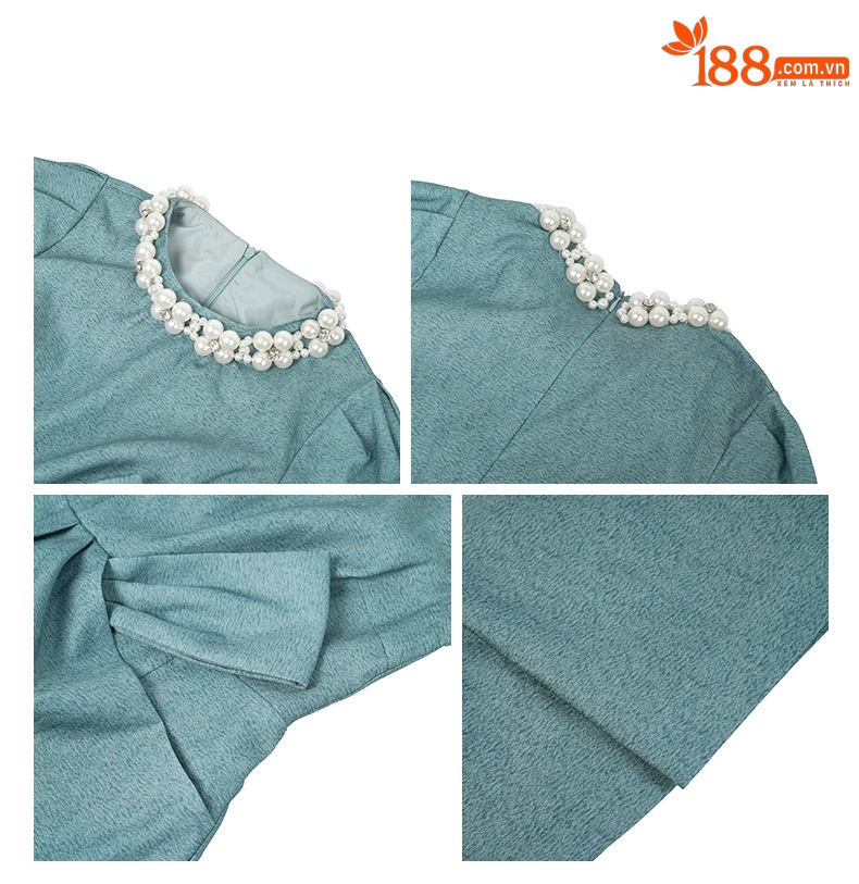 Váy chữ A cổ tròn đính ngọc trai, thiết kế nơ thắt eo, phong cách retro — Màu xanh nước hồ chi tiết 2