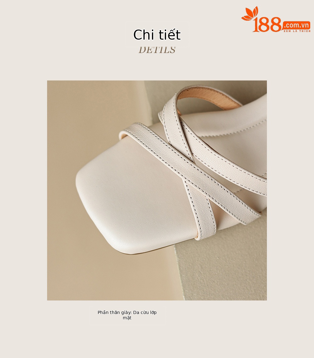 Sandal nữ quai ngang dệt sọc nhỏ da cừu, gót vuông ổn định, cỡ lớn 34–43 — Màu trắng be chi tiết 13