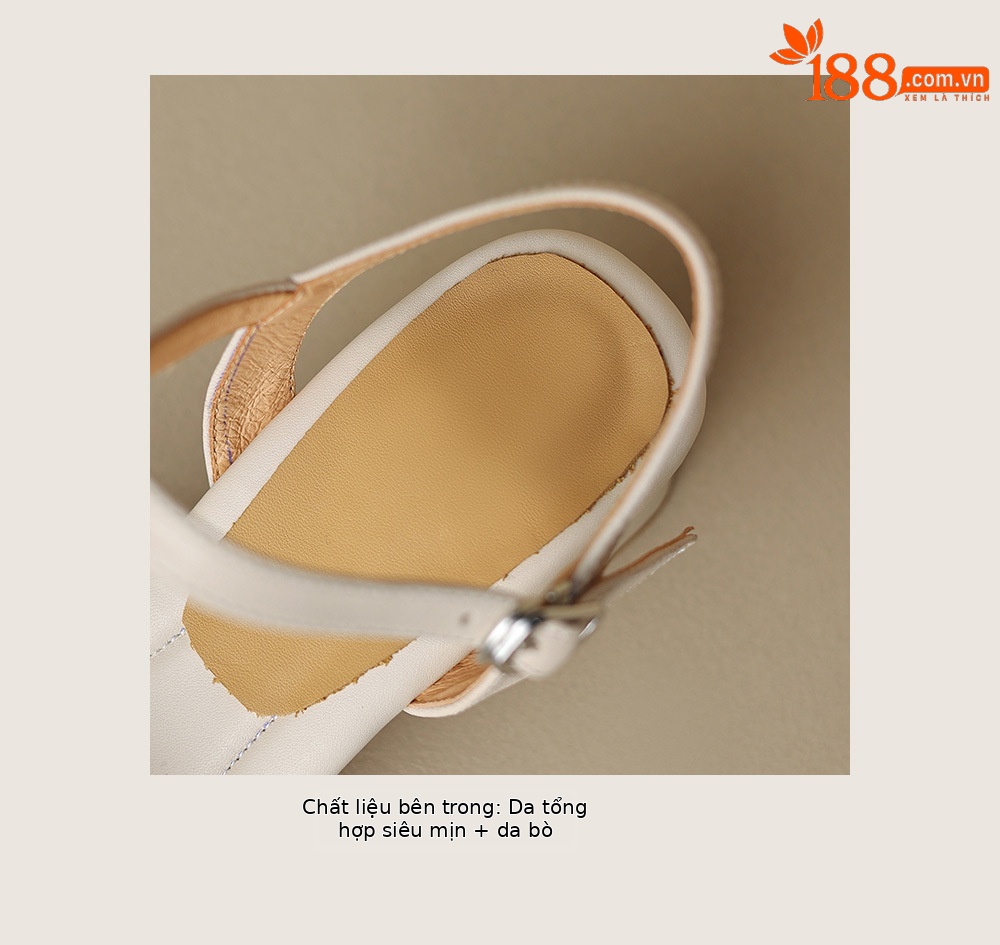 Sandal nữ quai ngang dệt sọc nhỏ da cừu, gót vuông ổn định, cỡ lớn 34–43 — Màu trắng be chi tiết 14
