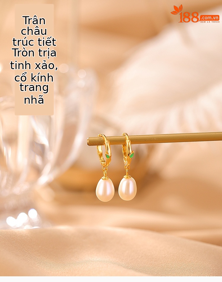Bông tai bạc S925 mạ vàng ngọc trai nước ngọt phong cách retro họa tiết tre lá — Một cặp chi tiết 1