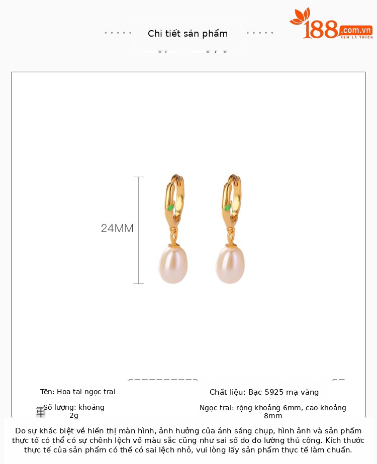 Bông tai bạc S925 mạ vàng ngọc trai nước ngọt phong cách retro họa tiết tre lá — Một cặp chi tiết 2