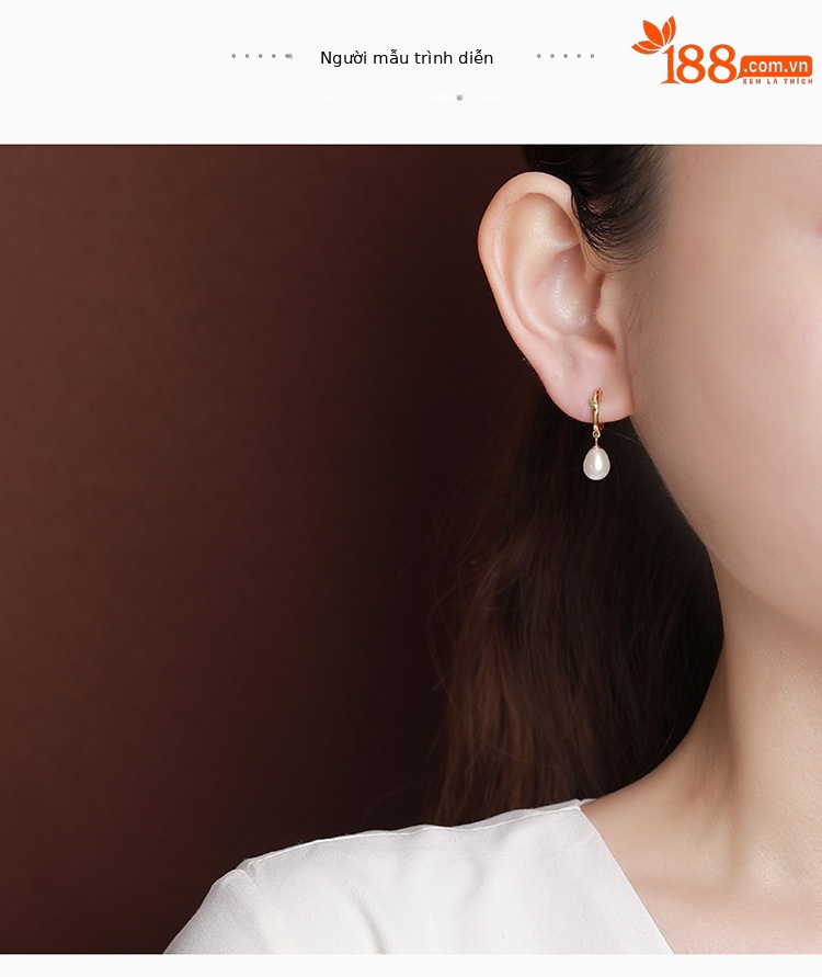 Bông tai bạc S925 mạ vàng ngọc trai nước ngọt phong cách retro họa tiết tre lá — Một cặp chi tiết 3