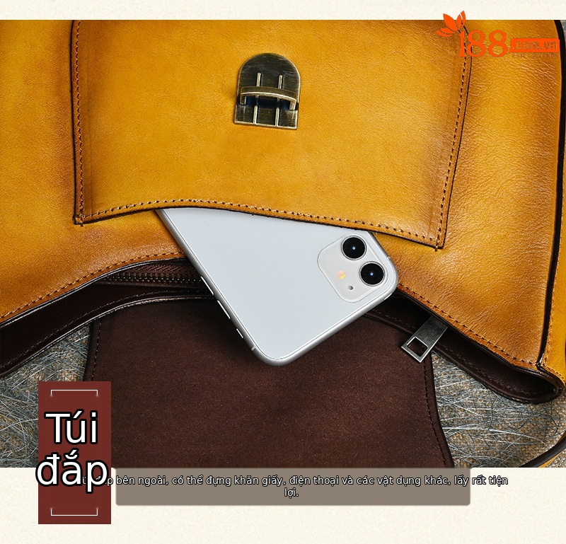 Túi đeo vai da thật thuộc thực vật thủ công phong cách cổ điển Trung Hoa nhuộm màu nước (28×20×9.5 cm) — Xanh lá cổ điển chi tiết 7