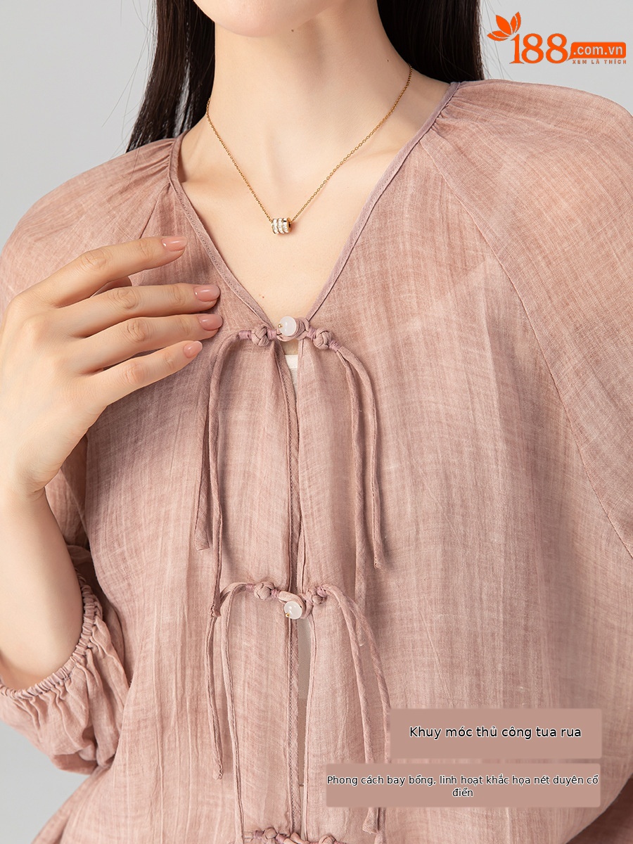 Áo sơ mi chống nắng dáng rộng phong cách Trung Quốc mới vải gai Tencel nữ mùa hè — Màu trà ngọt ngào