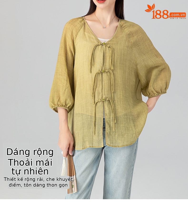 Áo sơ mi chống nắng dáng rộng phong cách Trung Quốc mới vải gai Tencel nữ mùa hè — Màu trà ngọt ngào chi tiết 9