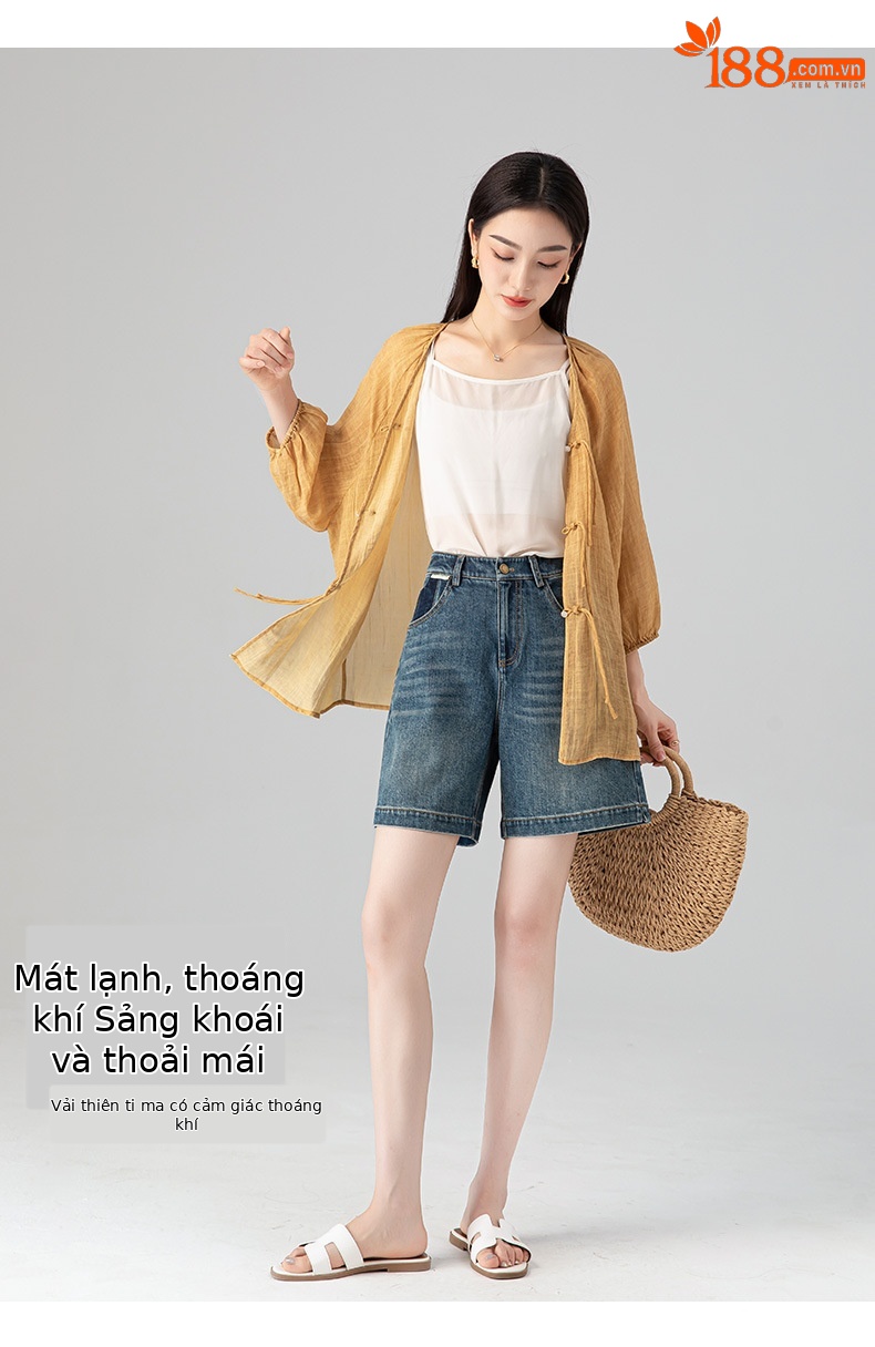 Áo sơ mi chống nắng dáng rộng phong cách Trung Quốc mới vải gai Tencel nữ mùa hè — Màu trà ngọt ngào chi tiết 10
