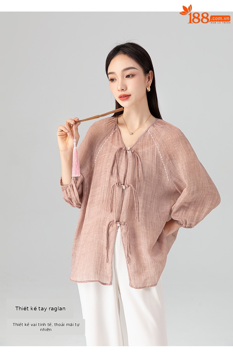Áo sơ mi chống nắng dáng rộng phong cách Trung Quốc mới vải gai Tencel nữ mùa hè — Màu trà ngọt ngào chi tiết 11