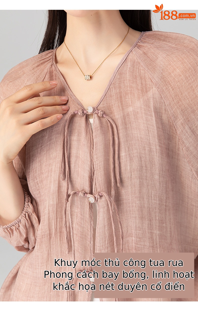 Áo sơ mi chống nắng dáng rộng phong cách Trung Quốc mới vải gai Tencel nữ mùa hè — Màu trà ngọt ngào chi tiết 12