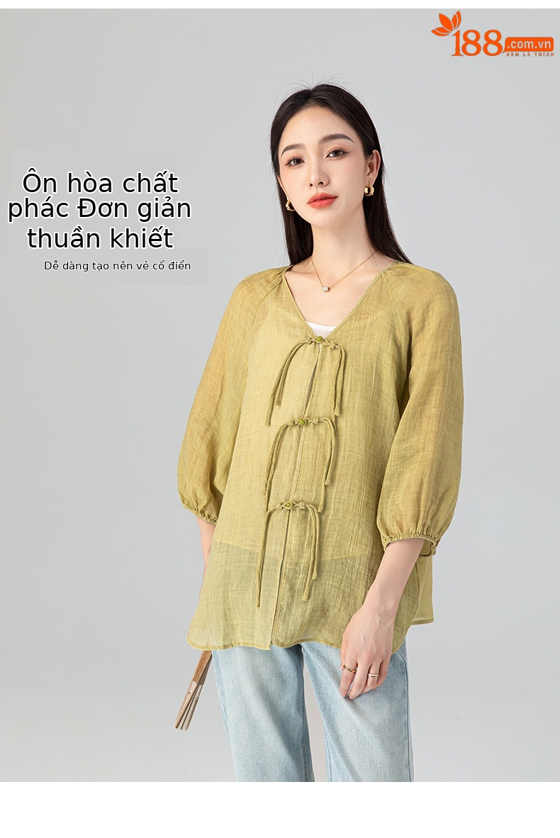 Áo sơ mi chống nắng dáng rộng phong cách Trung Quốc mới vải gai Tencel nữ mùa hè — Màu trà ngọt ngào chi tiết 15