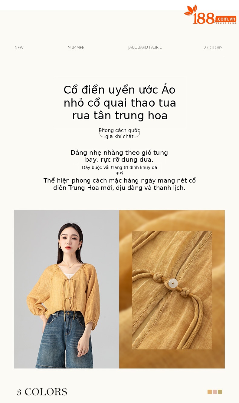 Áo sơ mi chống nắng dáng rộng phong cách Trung Quốc mới vải gai Tencel nữ mùa hè — Màu trà ngọt ngào chi tiết 3