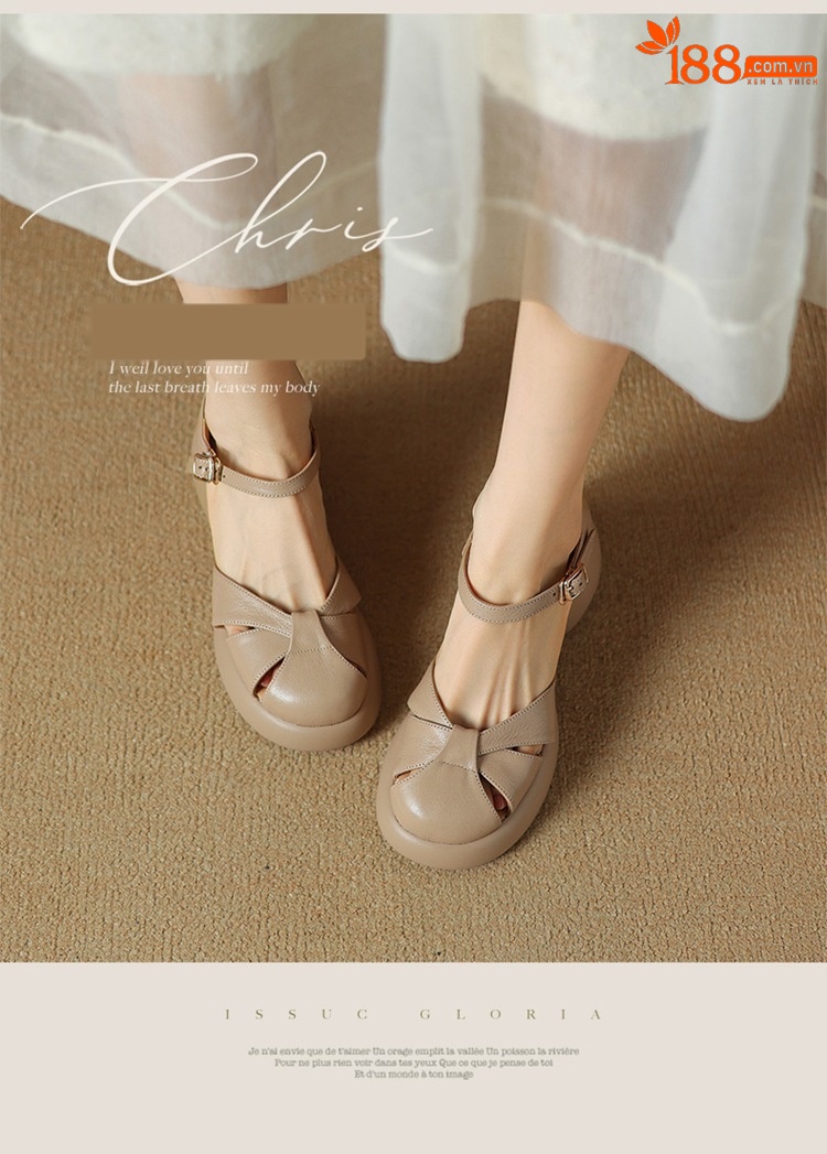 Sandal cao gót nữ quai ngang da cừu mũi nhọn đế dày — Màu be chi tiết 1