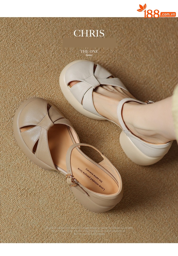 Sandal cao gót nữ quai ngang da cừu mũi nhọn đế dày — Màu be chi tiết 4