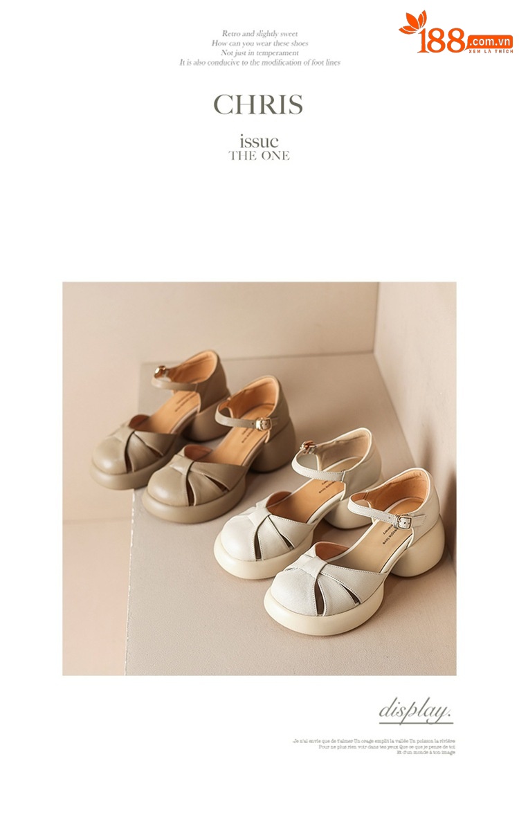 Sandal cao gót nữ quai ngang da cừu mũi nhọn đế dày — Màu be chi tiết 11