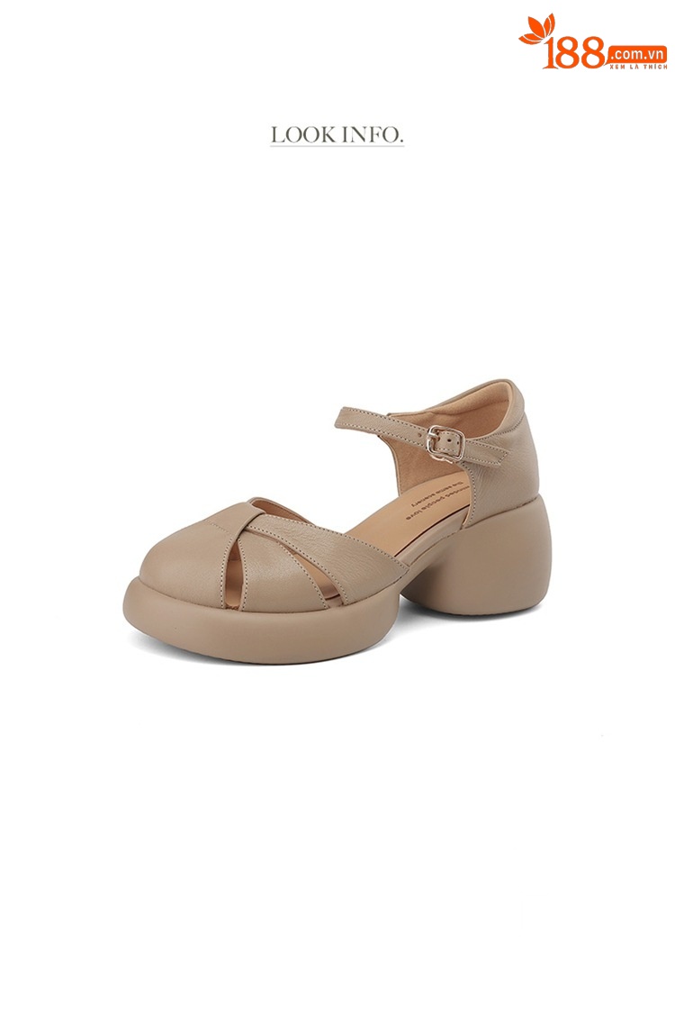 Sandal cao gót nữ quai ngang da cừu mũi nhọn đế dày — Màu be chi tiết 2